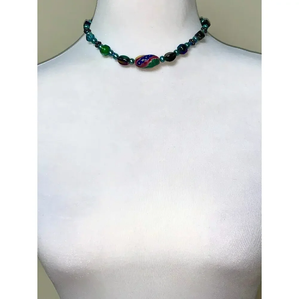 Boho Colorful Painted Iridescent Glass Beaded Choker Statement Necklace